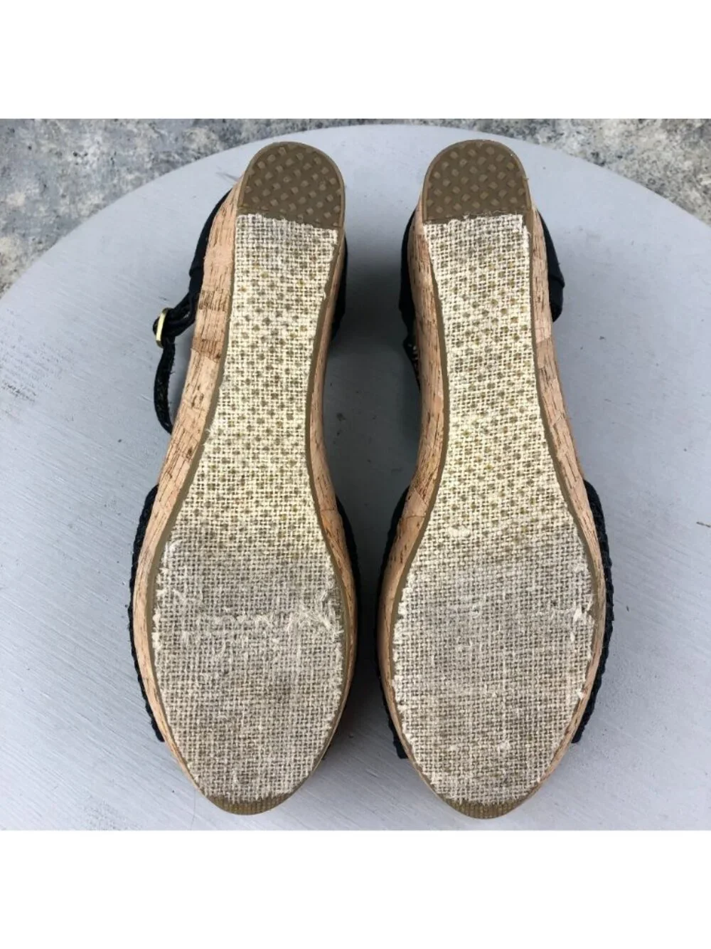 Toms Women's Size 8.5 Black Open Toe Ankle Strap High Heel Cork Wedges Sandals
